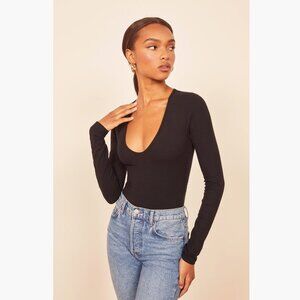 Reformation Indie Long Sleeve Bodysuit XL Ribbed Black Minimalist Tencel Fitted
